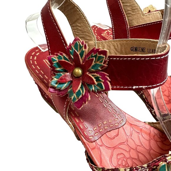 NEW L'Artiste Spring Step Laisis Red Leather Flower Accented Wedge Sandals 39 - Picture 2 of 10